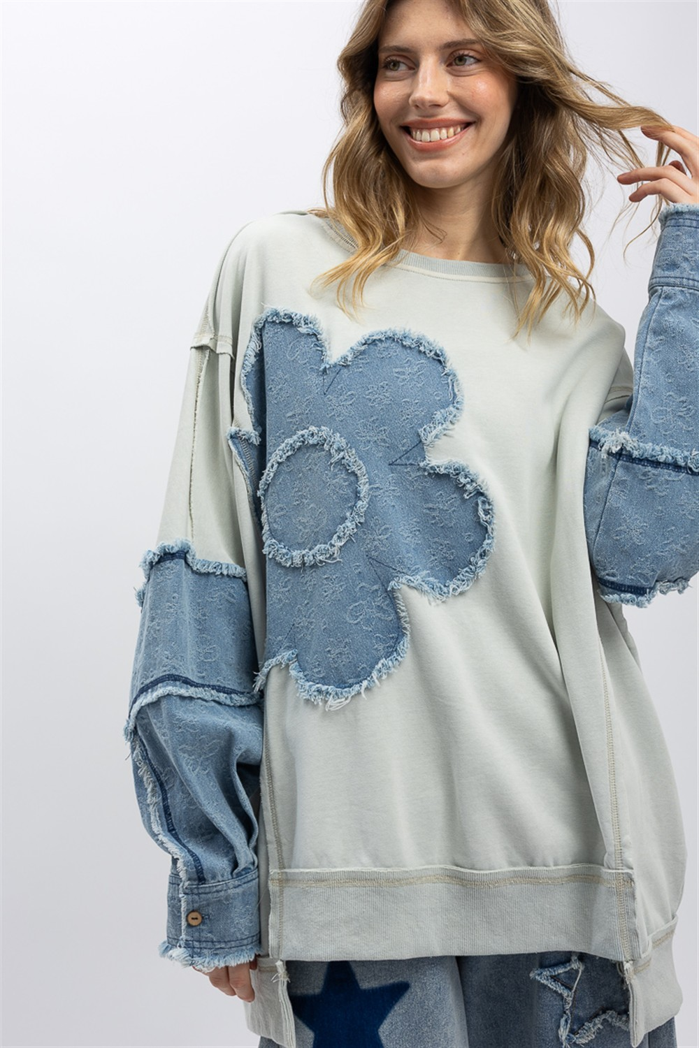 Blue velvet heather grey denim sweatshirt