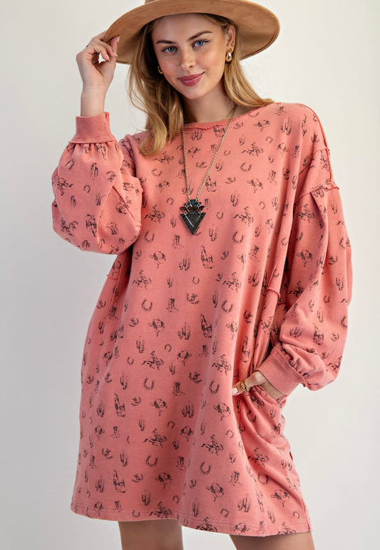 Easel western twill knit sweatshirt dress coral