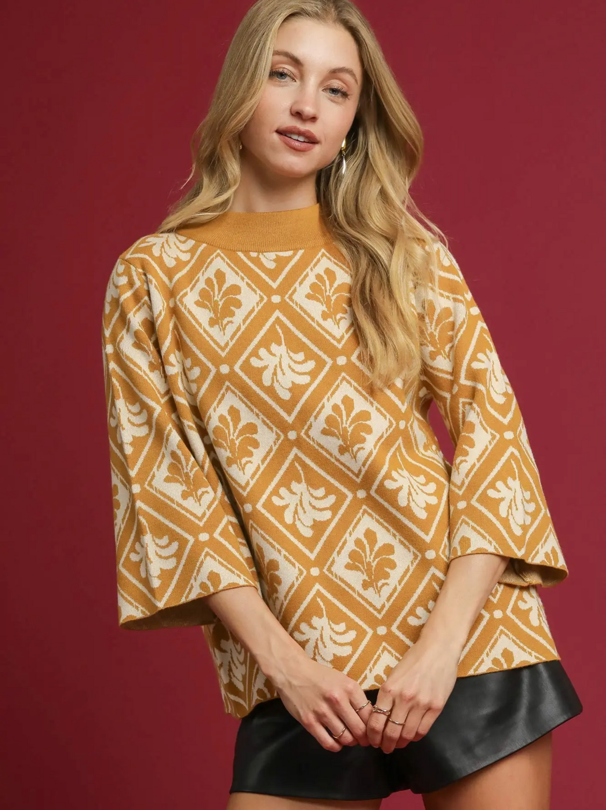 Umgee Abstract Print Mock Neck Sweater