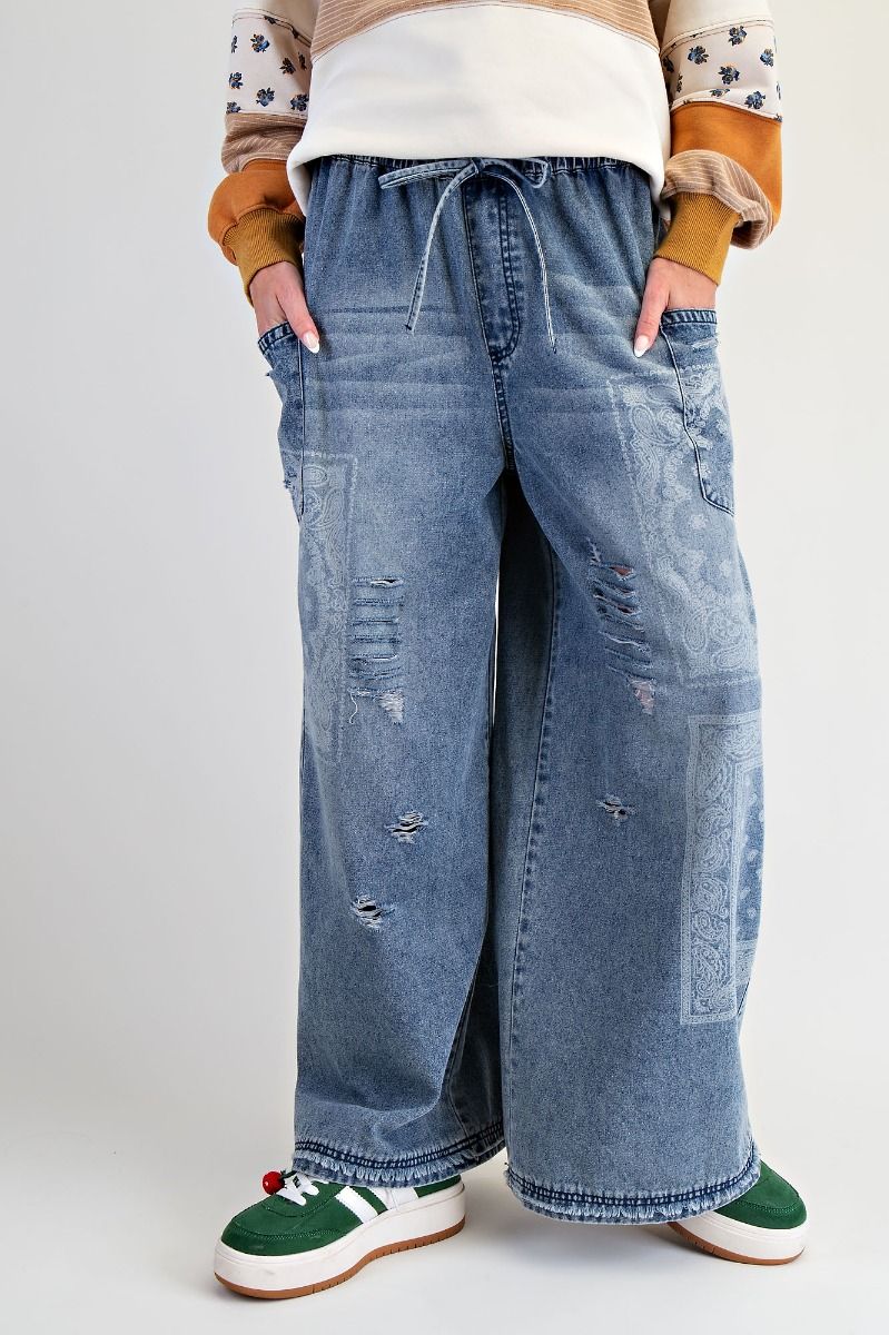 Easel PATCHWORK PRINTED WASHED DENIM PANTS