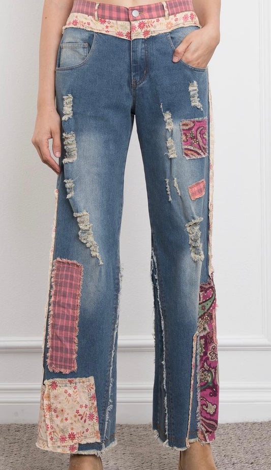 Blue velvet patchwork jeans