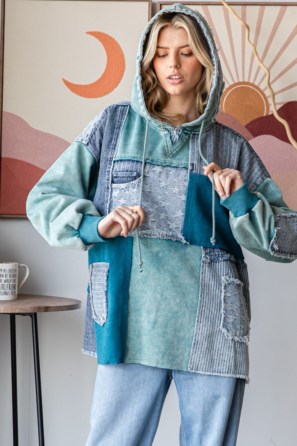 Oli and Hali washed denim patchwork hoodie