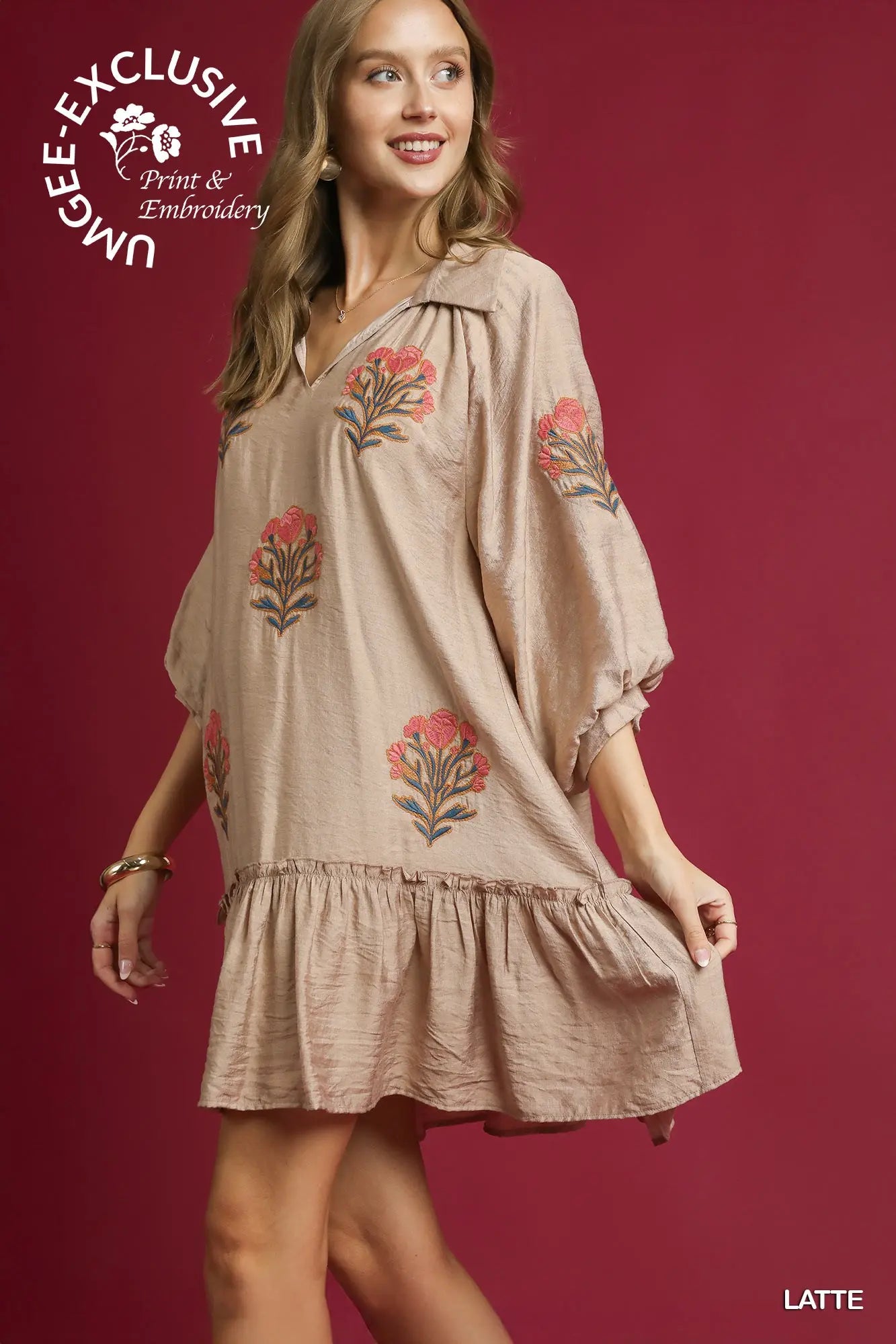 Umgee Embroidered Floral Boho Ruffle Hem Dress