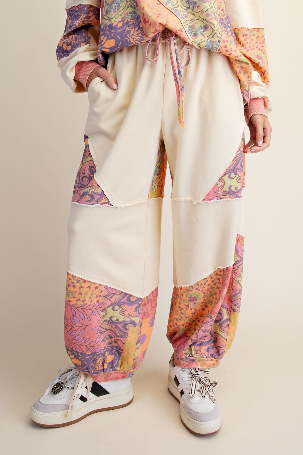 EASEL SIGNATURE PRINT WASHED TERRY PULLOVER SET LIME ROSE
