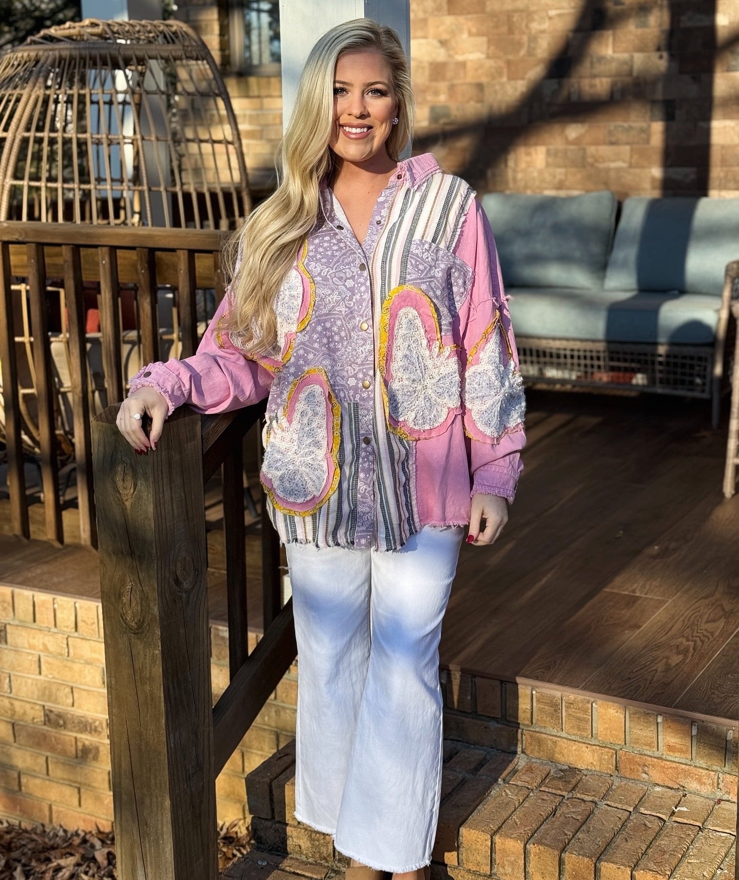 Blue velvet pink and purple lace butterfly button down