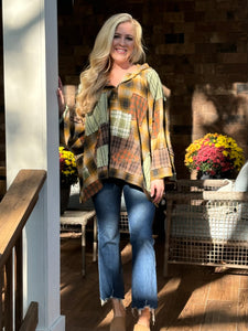 Blue velvet plaid patchwork pullover