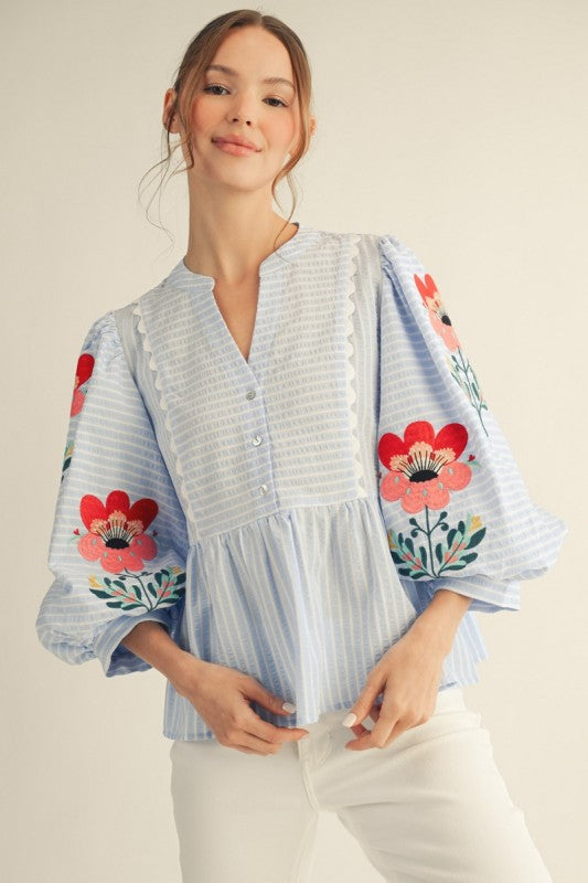Jodifl powder blue pinstripe top