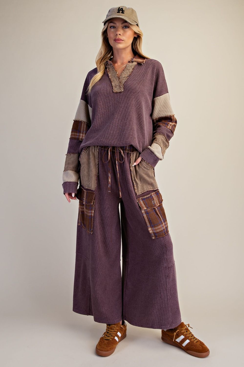 EASEL PATCHWORK THERMAL KNIT WASHED PANT SET MOCHA
