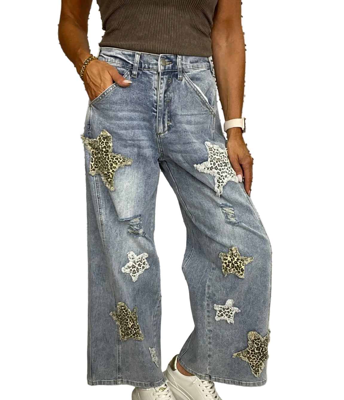 Blue velvet star cheetah patch jeans