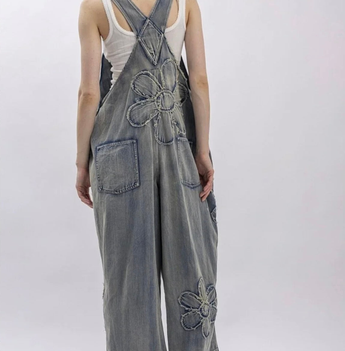 Blue velvet denim flower patch overalls