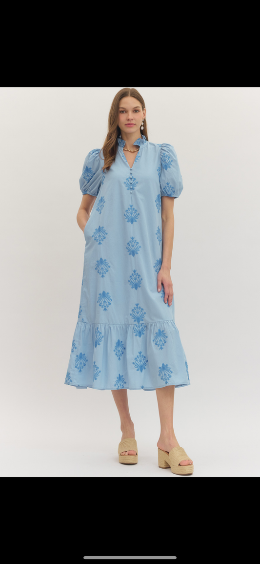 Entro blue embroidered midi