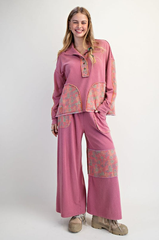 EASEL FLORAL PRINT MOCK NECK WASHED TERRY SET