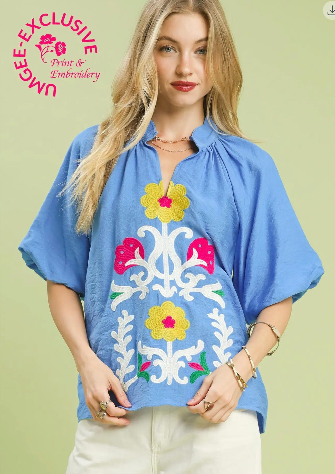 Umgee Cerulean blue embroidered top