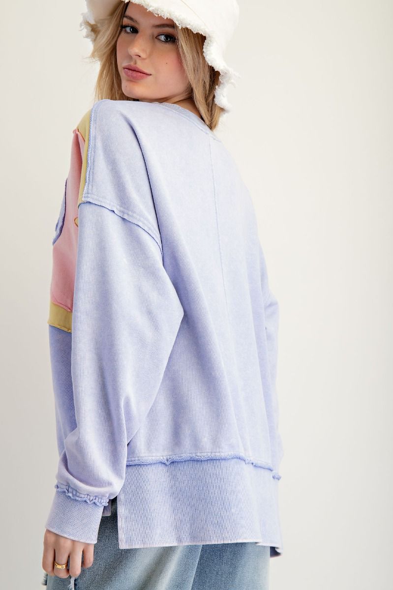 Easel lilac blue flower patch sweatshirt top