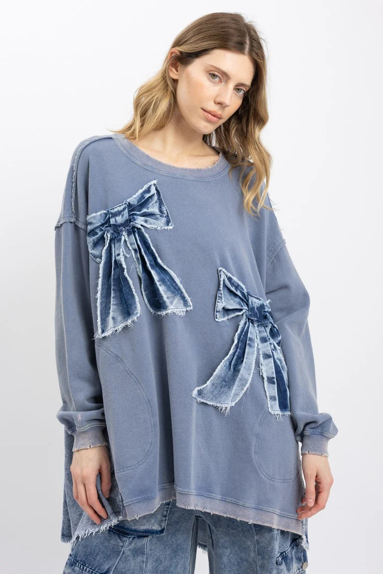 BlueVelvet OVERSIZED Mixed Media Top with denim Ribbon Bow Patches