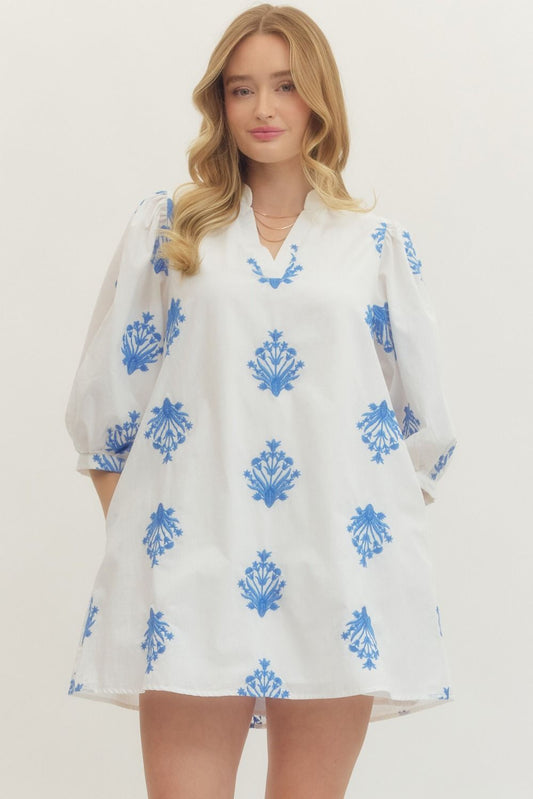 Entro white & powder blue embroidered dress