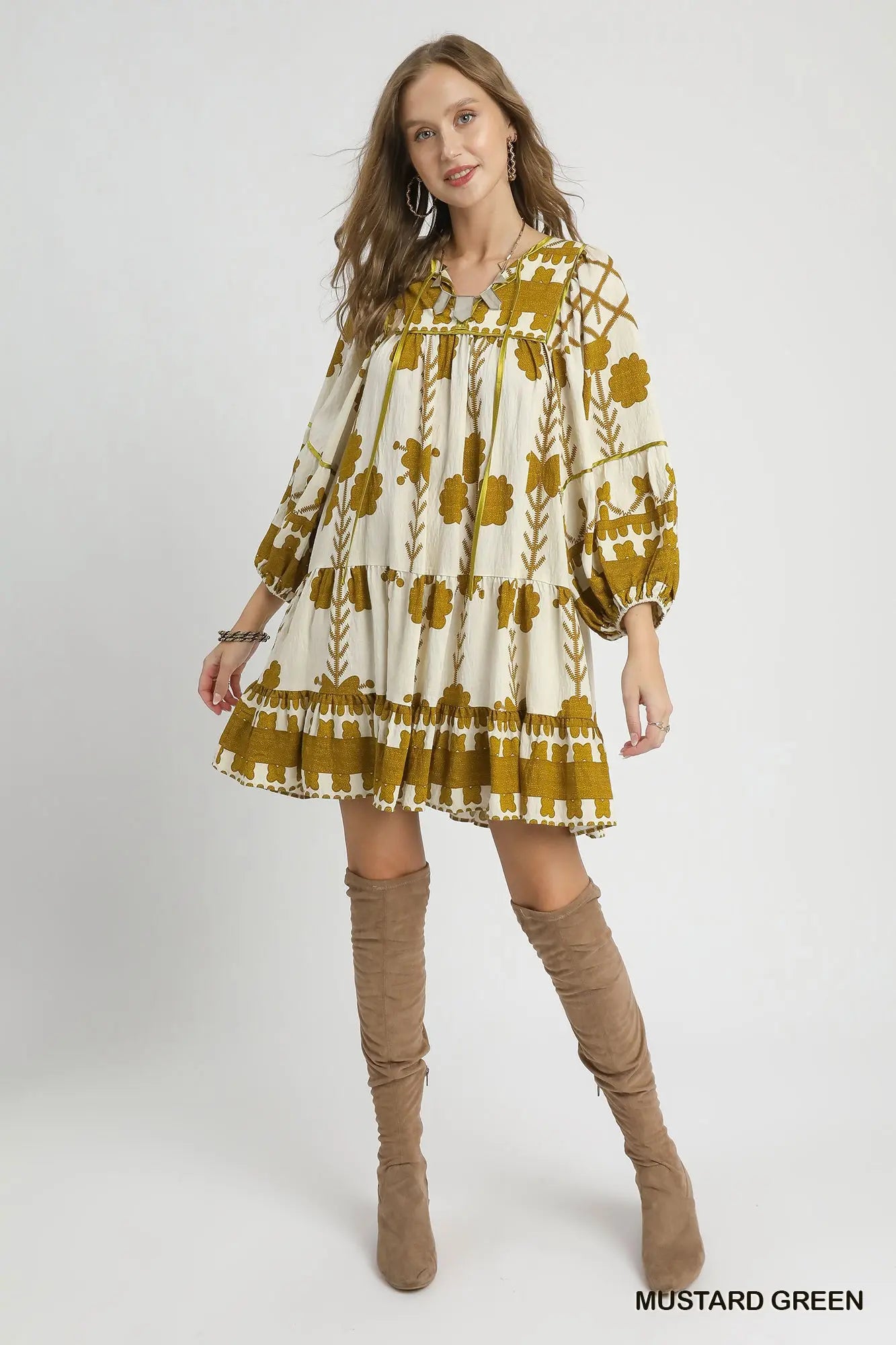 Umgee Mustard printed tiered dress