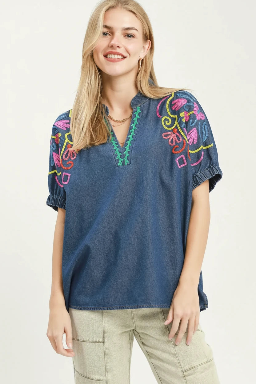Umgee denim chambray embroidered top