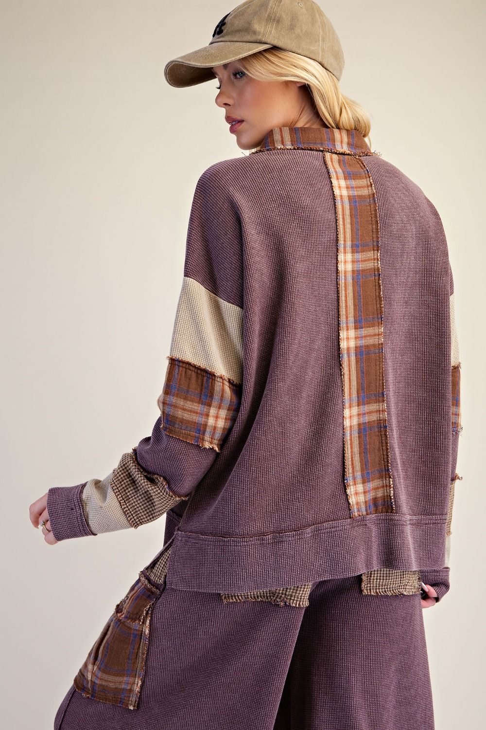 EASEL PATCHWORK THERMAL KNIT WASHED PANT SET MOCHA
