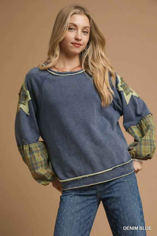 Umgee knit patch sweatshirt denim
