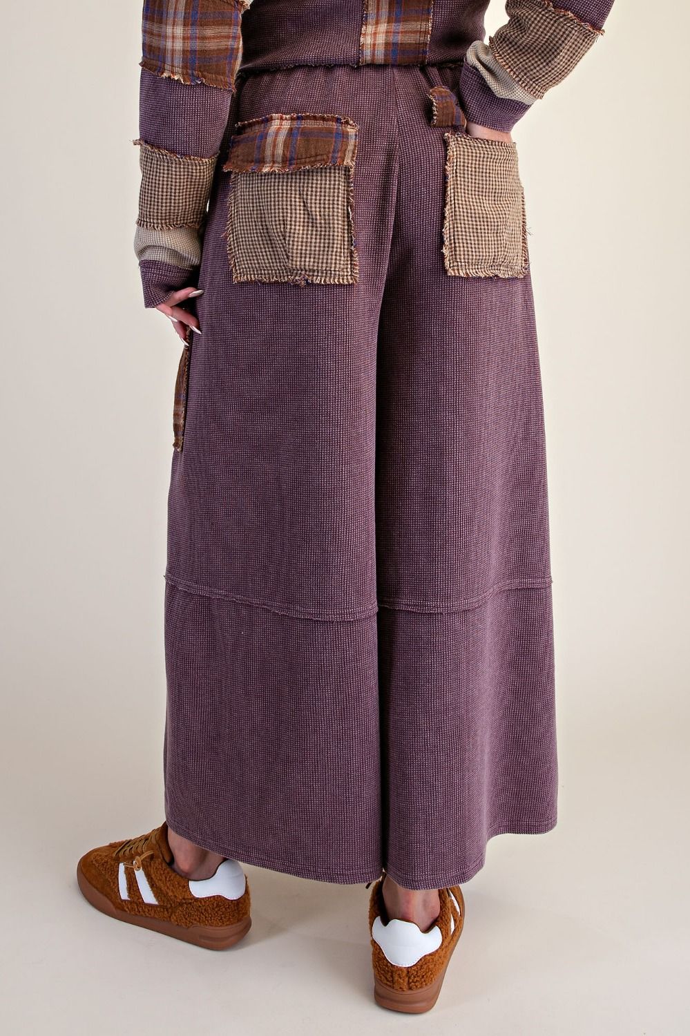 EASEL PATCHWORK THERMAL KNIT WASHED PANT SET MOCHA