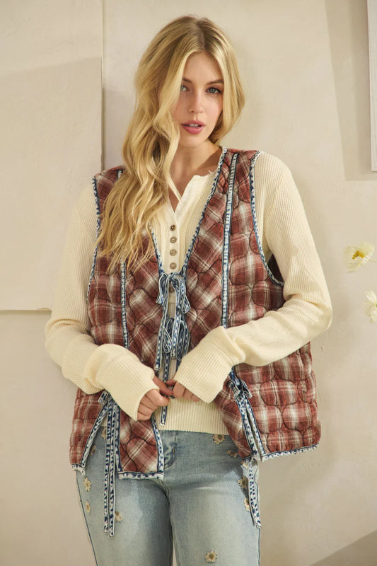 Oli and Hali quilted vest with denim ties