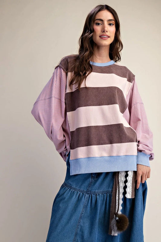 Easel Mixed Stripe Terry Knit Pullover Top