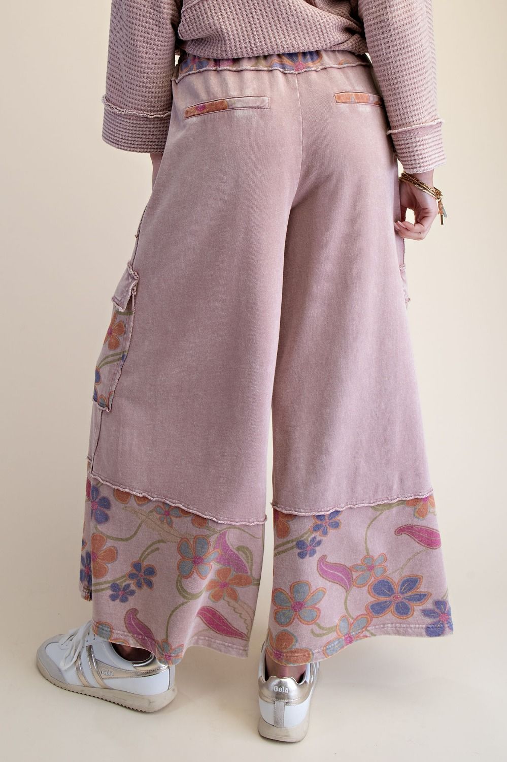Easel FLORAL PRINT MIX WASHED TERRY PANT SET MAUVE