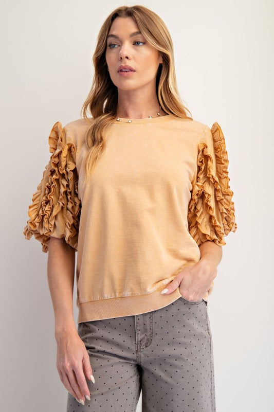 Easel ruffle sleeve mineral wash top camel