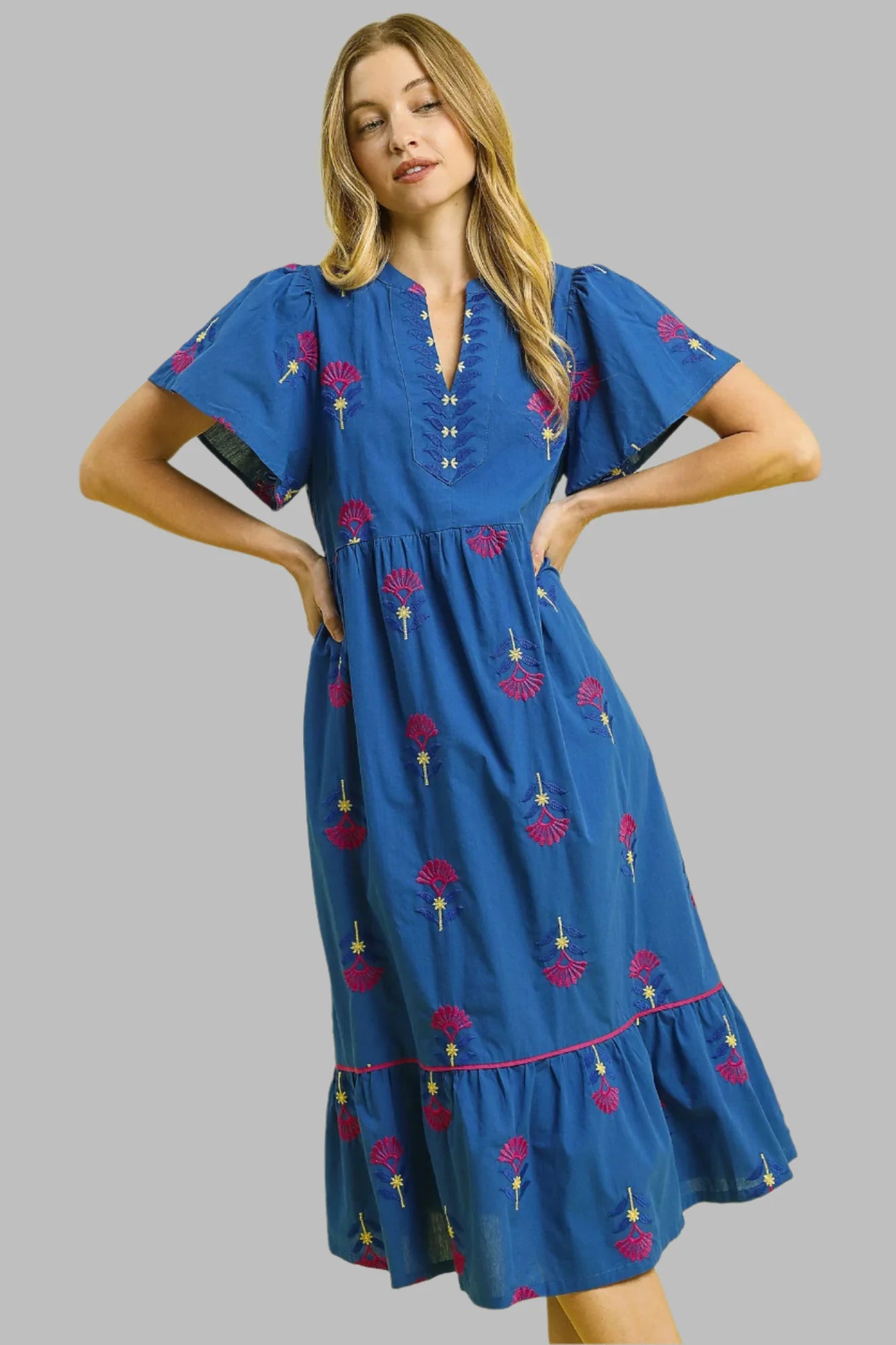 Periwinkle Blue Floral Embroidered Midi Dress M Periwinkle Blue Floral Embroidered Midi Dress M