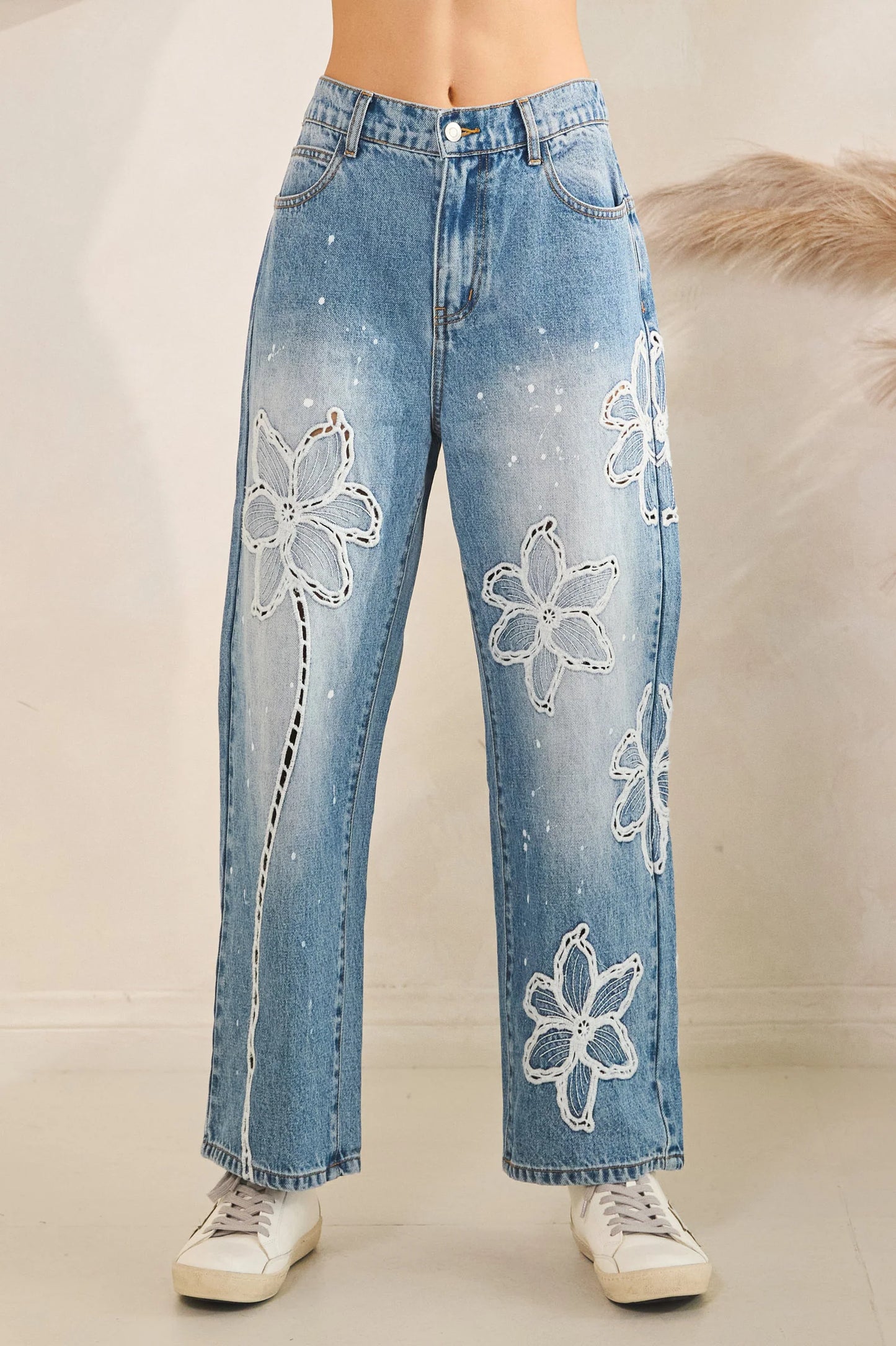 Oli and Hali washed floral embroidered jeans