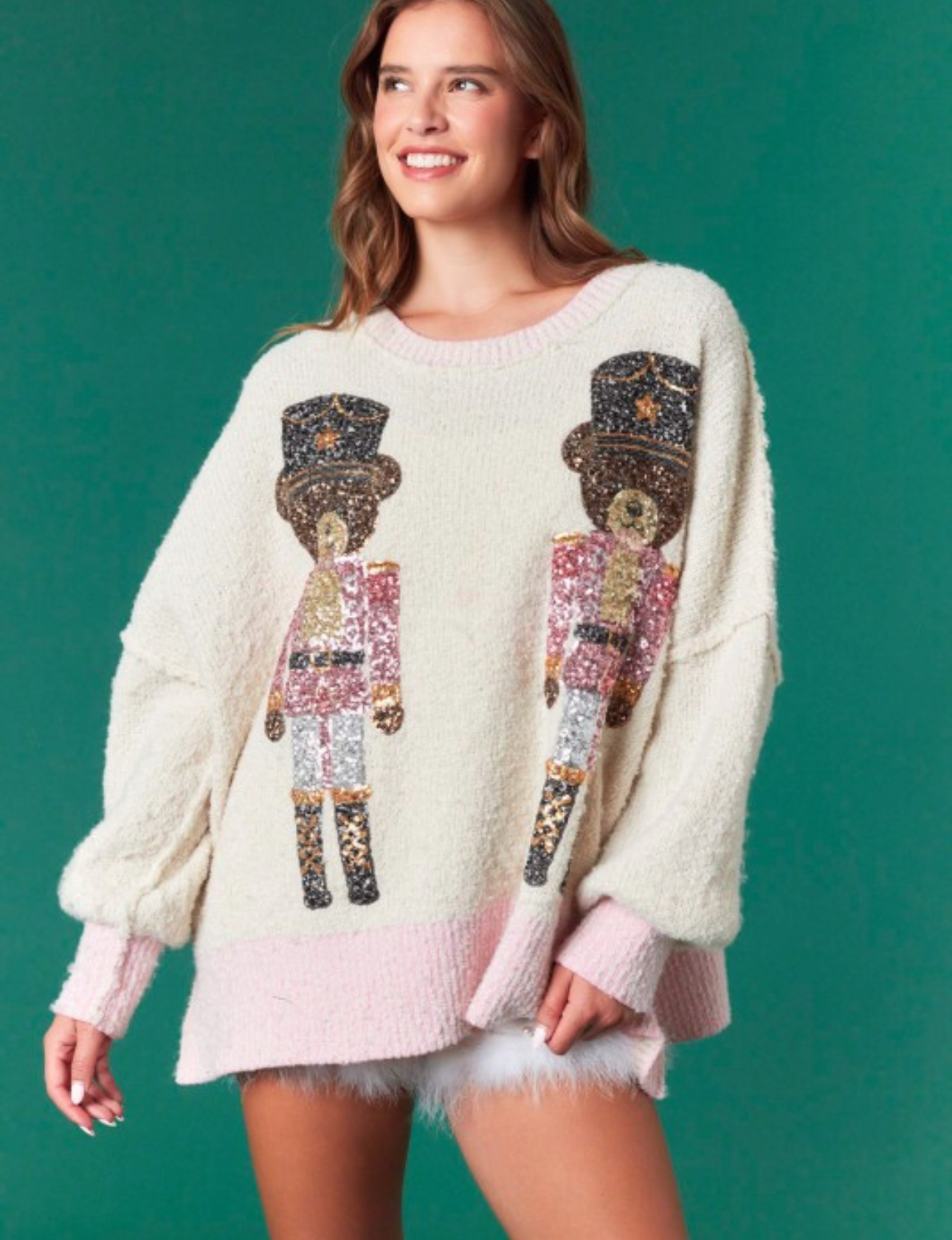 Fantastic fawn sequin nutcracker bear sweater