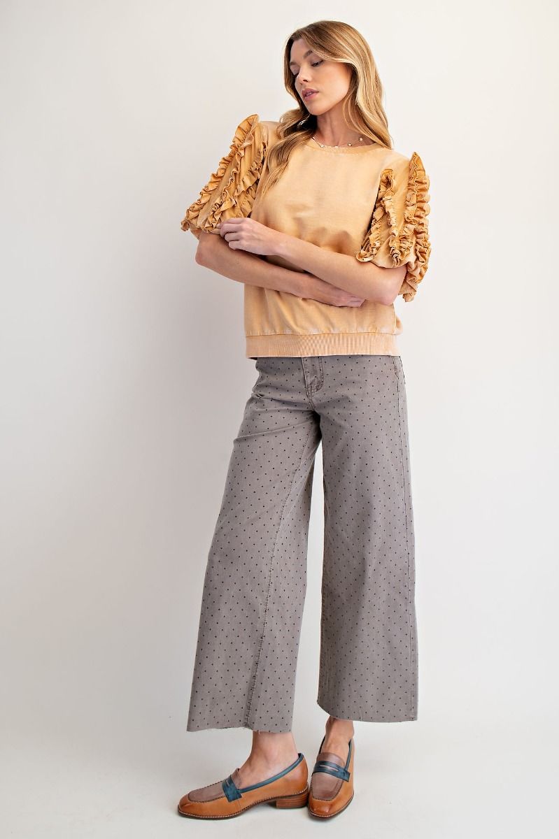 Easel ruffle sleeve mineral wash top camel