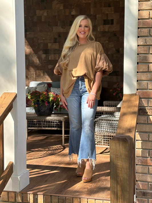 Blue velvet puff sleeve top mauve