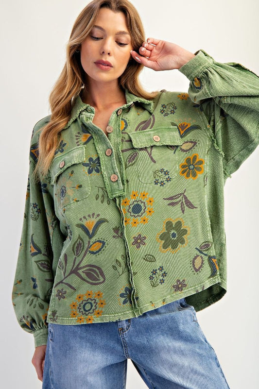 Easel floral mineral wash half button pullover Juniper Green