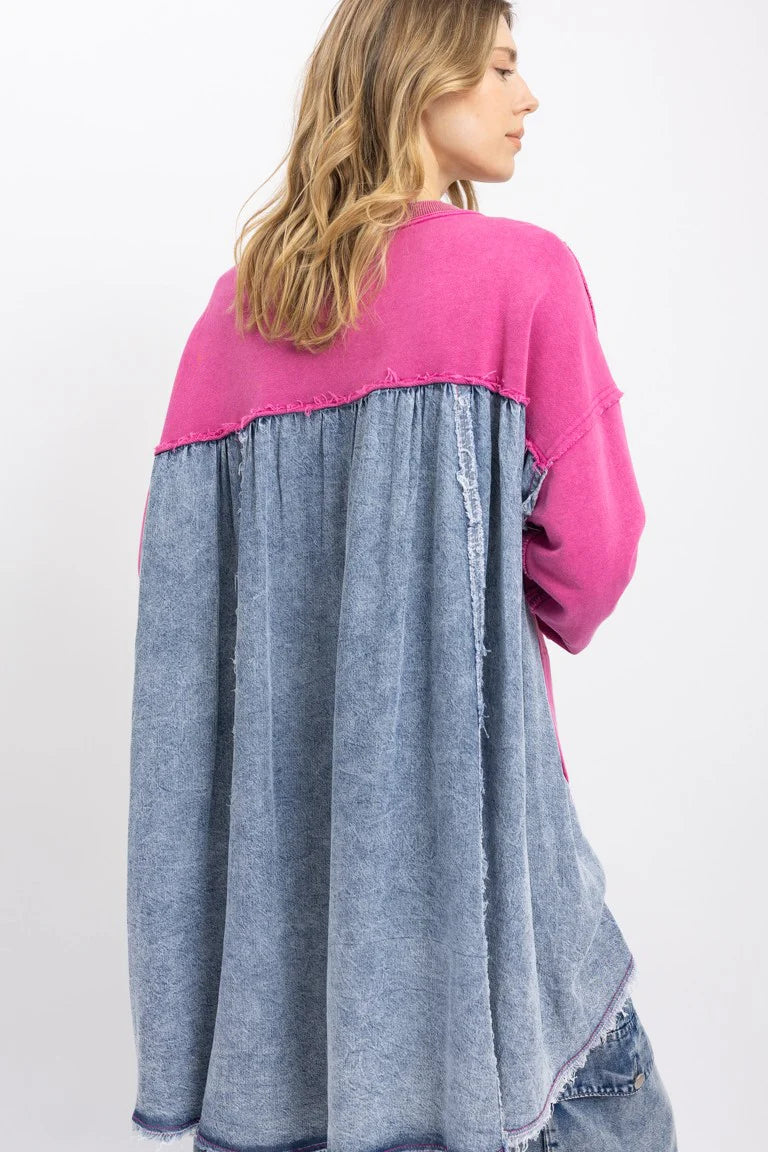 BlueVelvet OVERSIZED Mixed Media Top with denim Ribbon Bow Patches