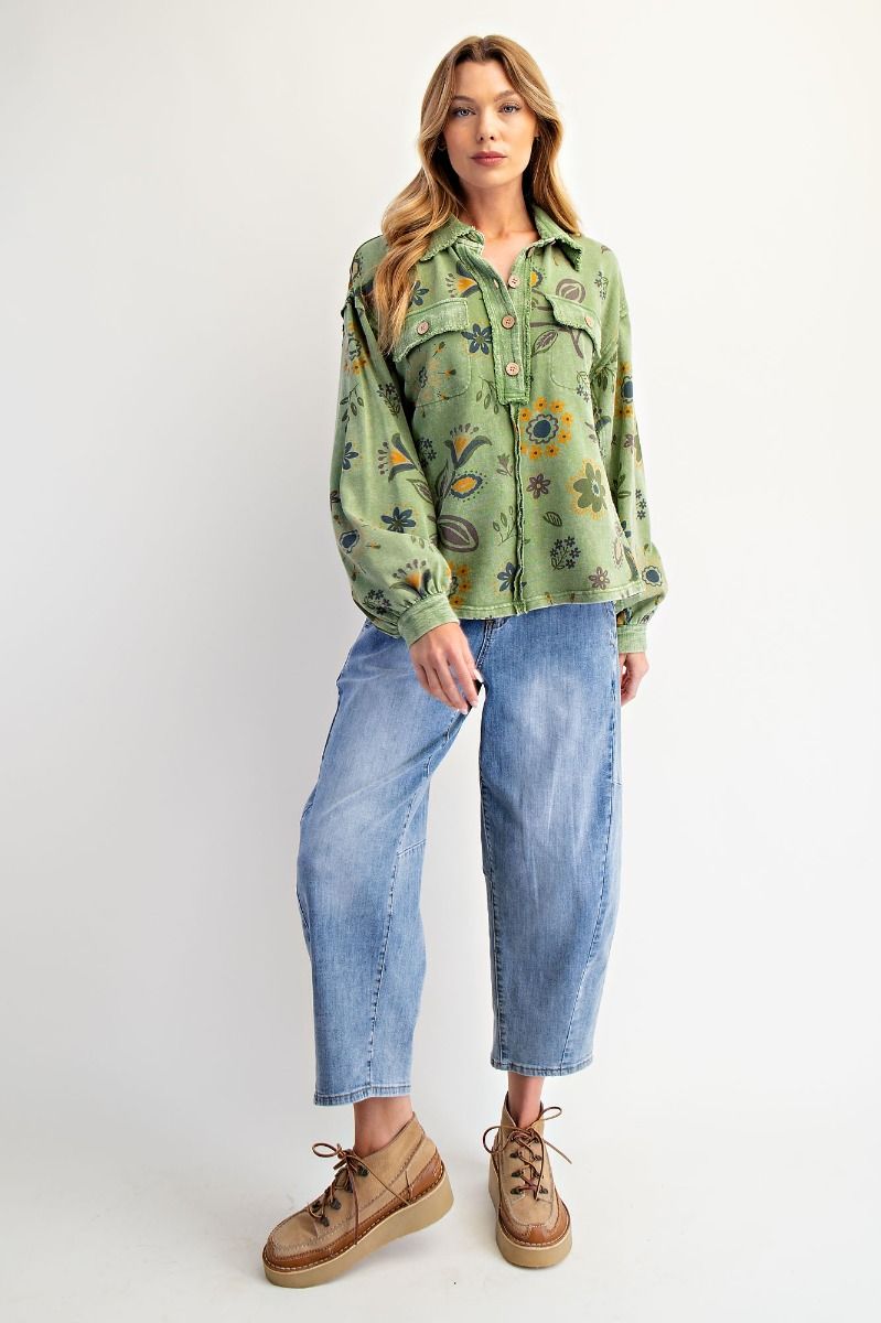 Easel floral mineral wash half button pullover Juniper Green