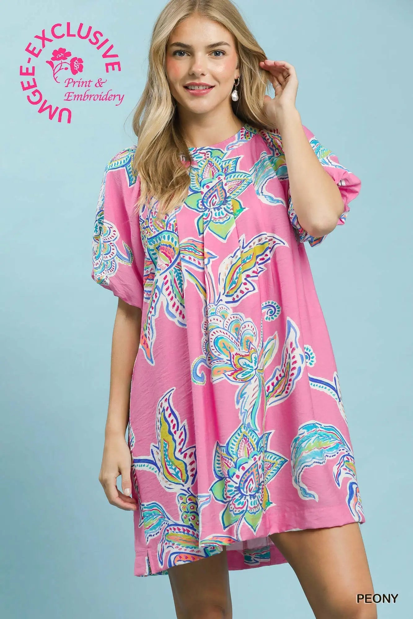 Umgee LINING PLEATED ROUND NECK BUBBLE SLEEVE PRINTED DRESS WITH SIDE VENT W/ POCKETS