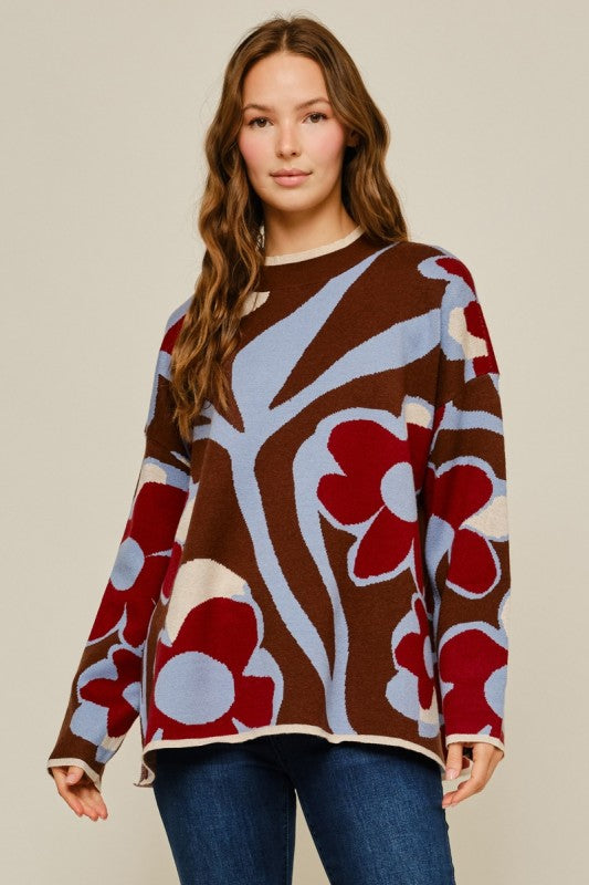 Jodifl Side Slit Hem Floral Pattern Sweater
