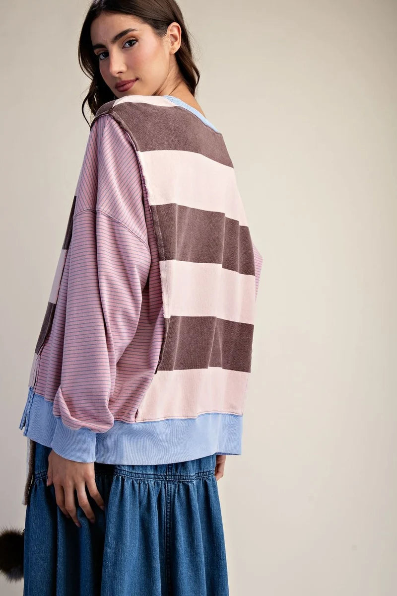 Easel Mixed Stripe Terry Knit Pullover Top