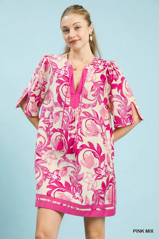 Umgee pink mix dress with neck tie