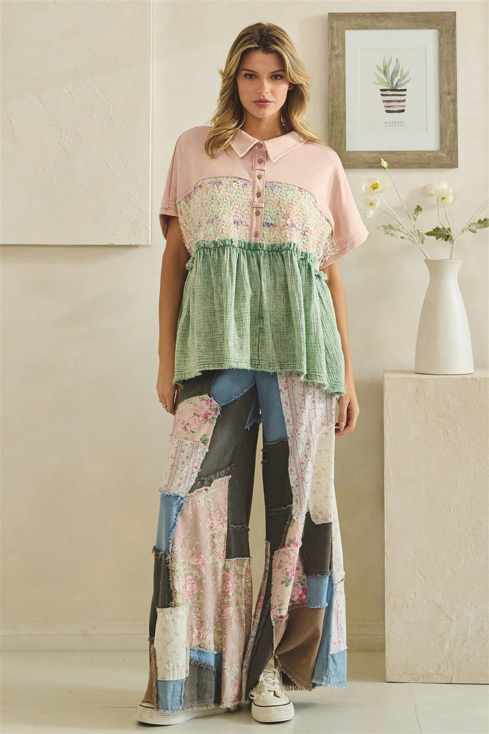 Oli and Hali WASHED COLLARED HALF PLACKET TOP
