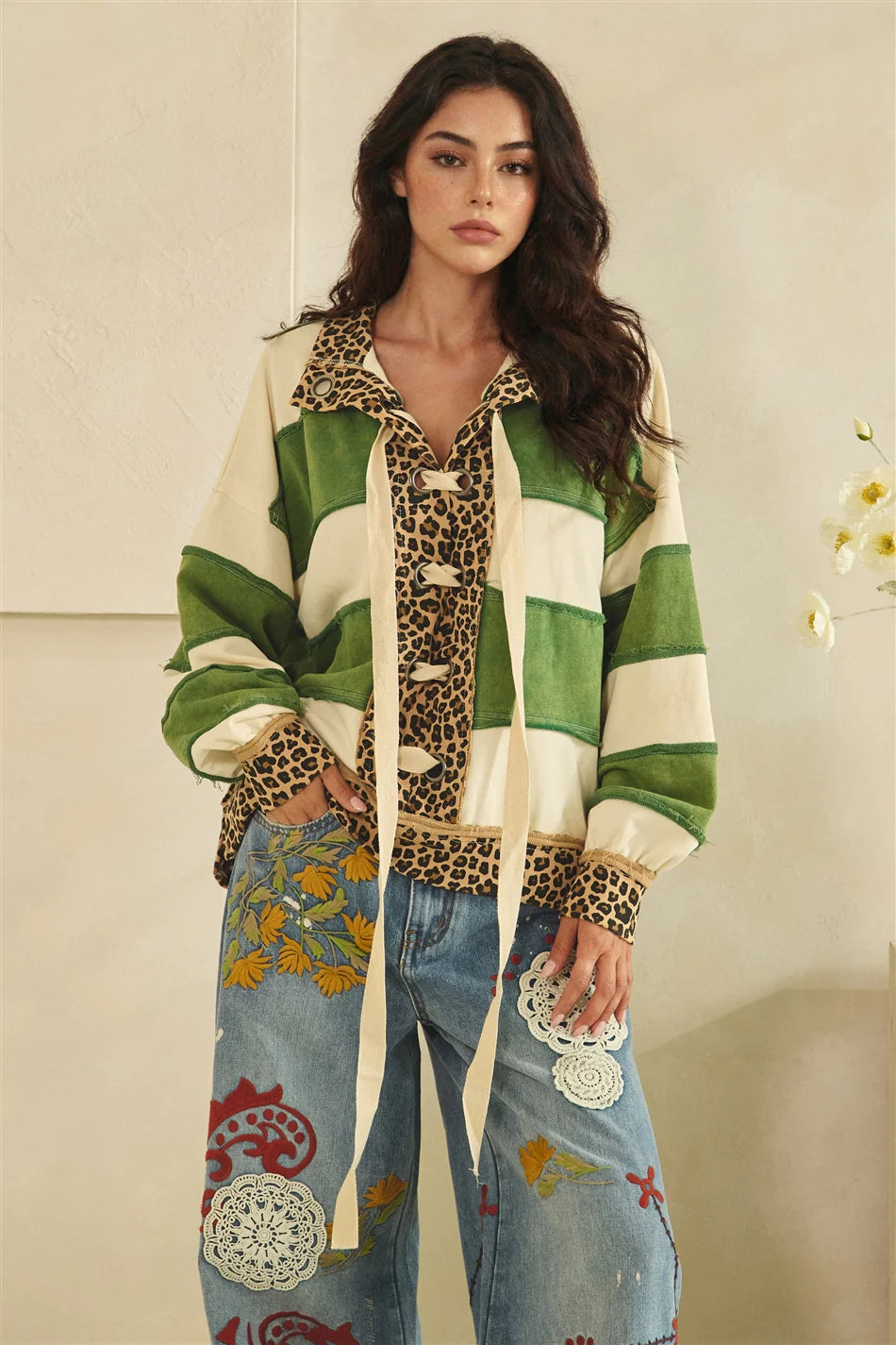 OLI AND HALI WASHED CONTRAST STRIPE LACE UP TOP