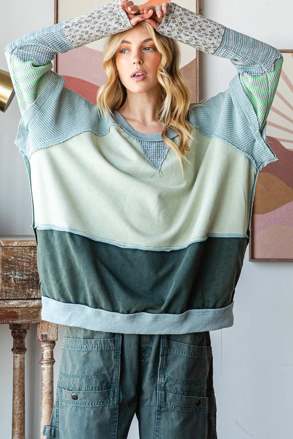 Oli and Hali sea foam WASHED COLORBLOCK DETAIL MIX MEDIA PULLOVER TOP