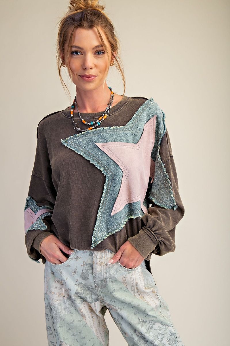 Easel mineral wash star patch sweatshirt tops