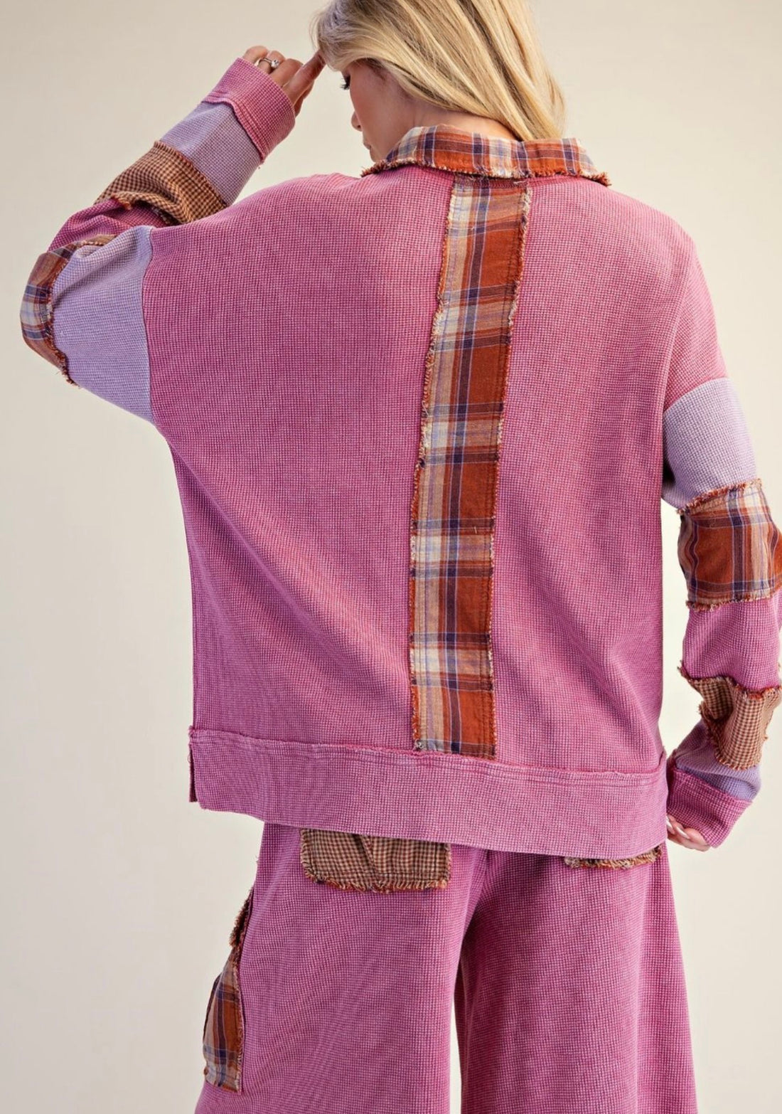 EASEL PATCHWORK THERMAL KNIT WASHED PANT SET PINK