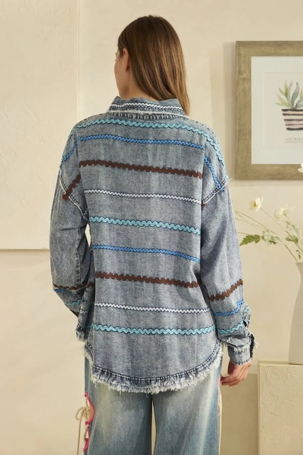 WASHED RIC RAC STRIPE WOVEN BUTTONDOWN SHIRT