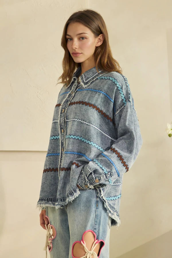 WASHED RIC RAC STRIPE WOVEN BUTTONDOWN SHIRT