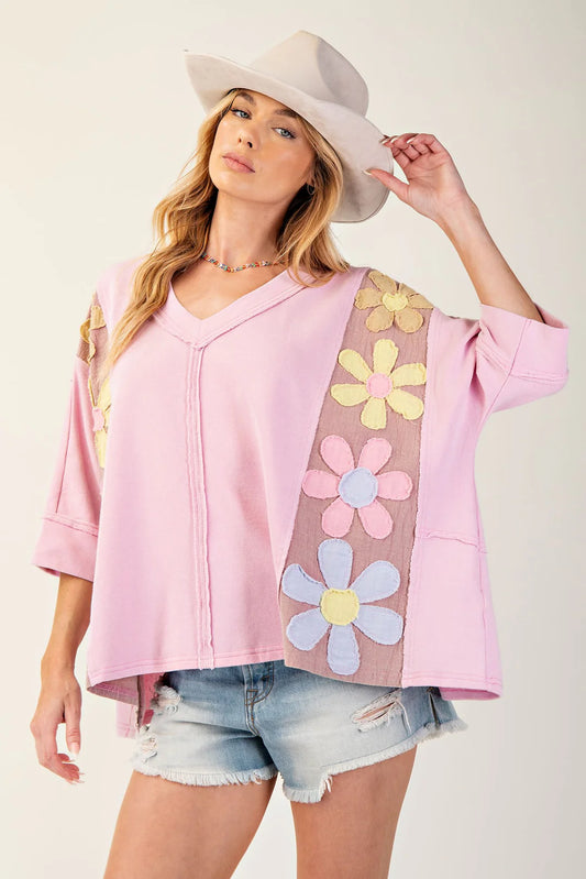 Easel flower patched terry knit top