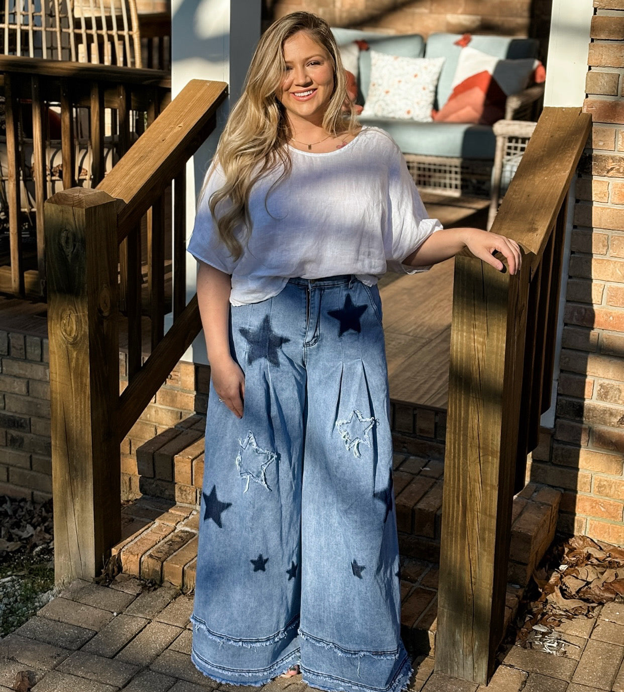 Blue velvet wide leg star pants